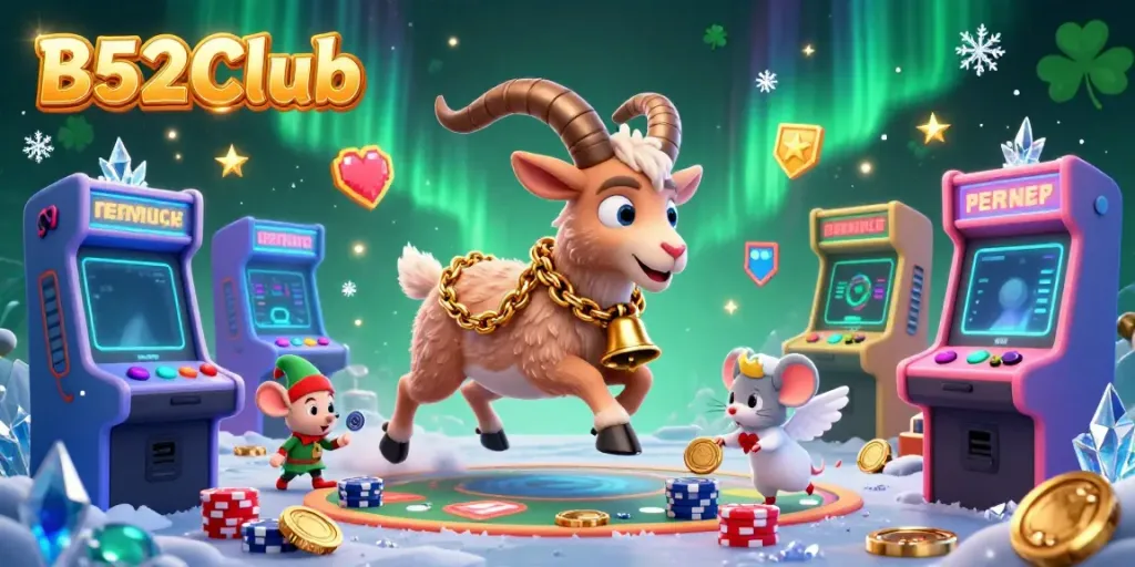 Experience dynamic action at B52Club with festive characters and colorful casino games in this vibrant illustration.
