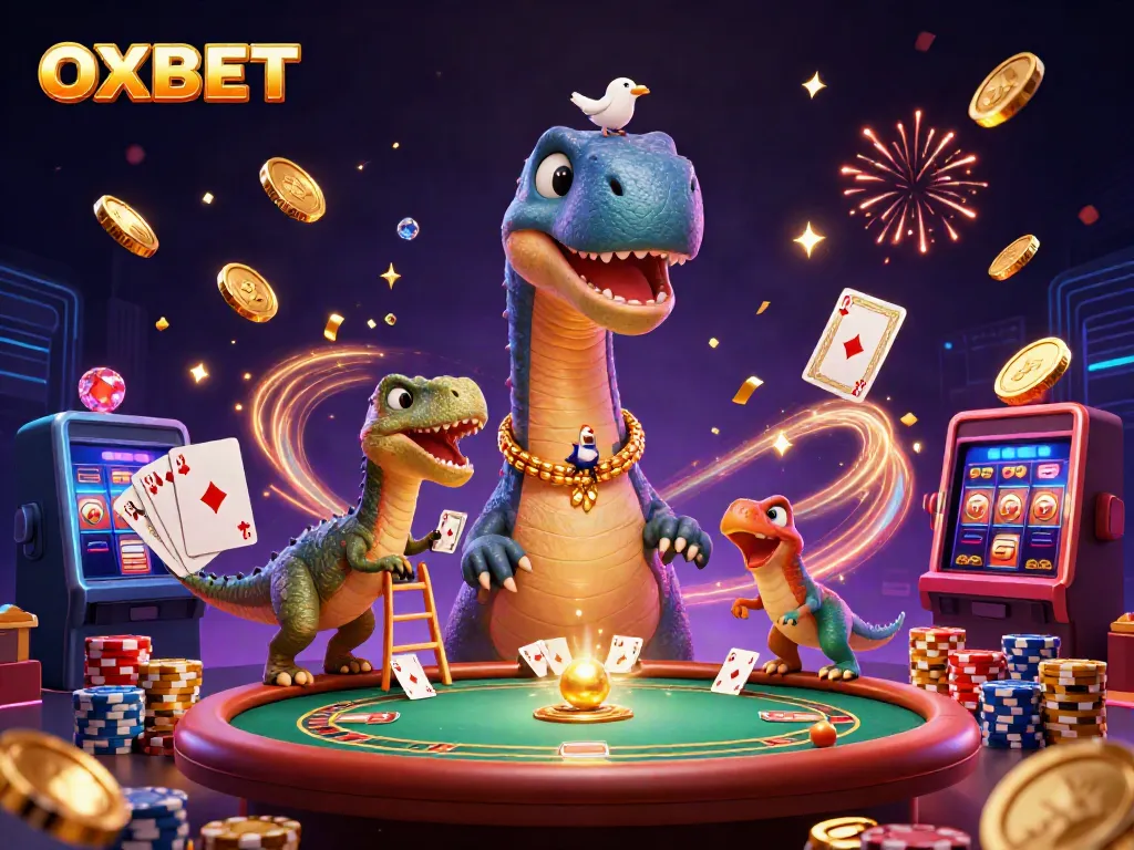 Experience the excitement of OXBET with a cartoon brontosaurus highlighting the casino atmosphere.