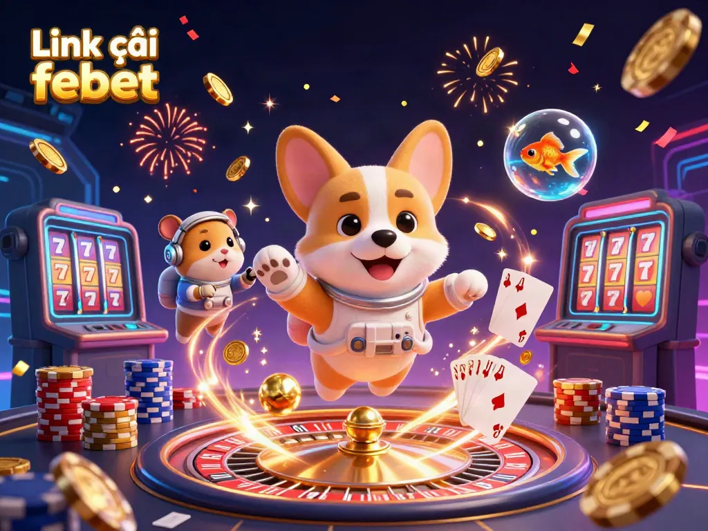 Spin and win with Link vào febet, featuring an astronaut corgi and vibrant casino elements in zero gravity.