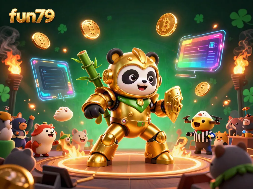 Experience fun79 with a vibrant 3D casino scene showcasing a mech-suit golden panda surrounded by dynamic gaming elements.