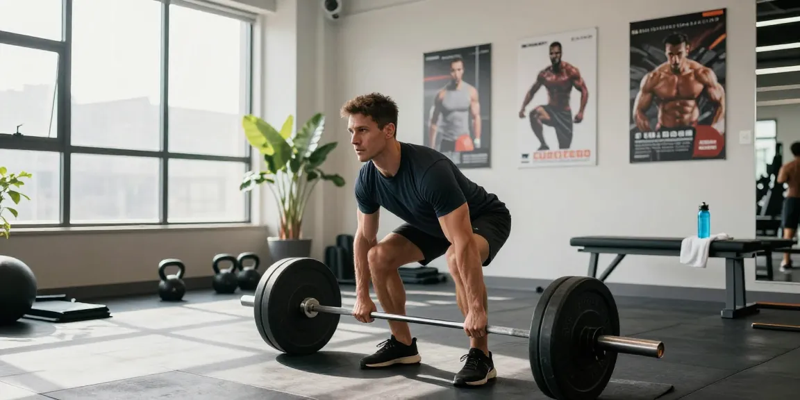 Sportlicher Mann, der Kraft in einem dynamischen Anabolika Shop Deutschland Fitnessumfeld mit Gewichten demonstriert