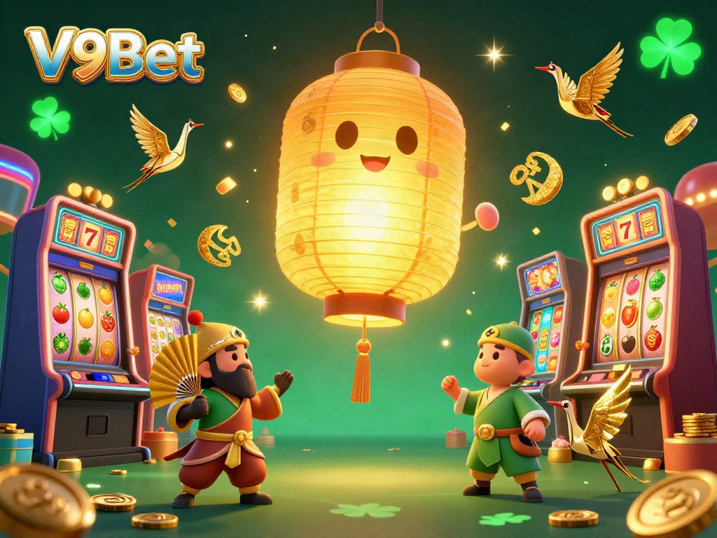 Experience the vibrant gaming atmosphere at V9Bet with a golden lantern spirit and dynamic slot machines.