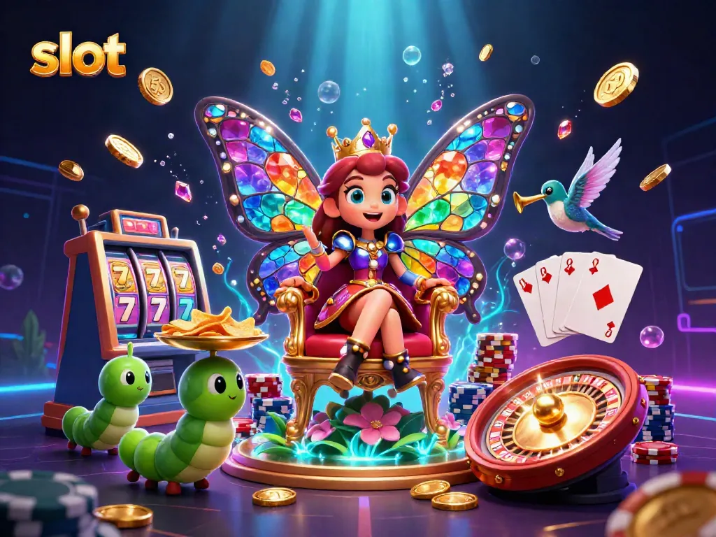 Spin colorful slots to hit jackpots in a vibrant casino scene with cartoon characters.
