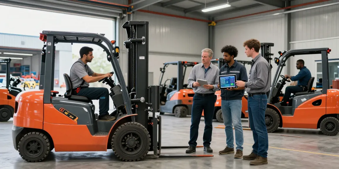 Linde Gabelstapler gebraucht Inspektion durch Techniker in einem Lagerhaus, das verschiedene Modelle und betriebliche Einblicke zeigt.