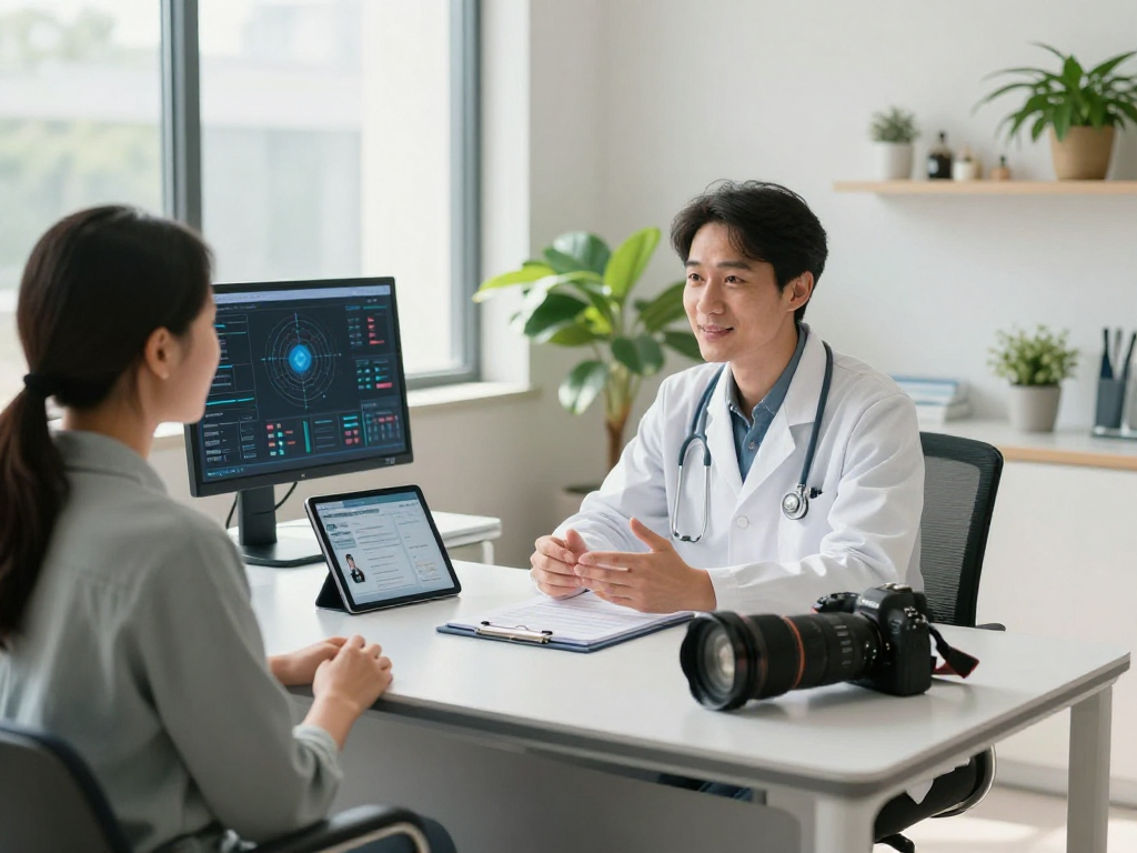 Healthcare professional consulting with a patient in a modern medical practice, emphasizing Datenschutz und Barrierefreiheit in the Gesundheitswesen Arzt context.