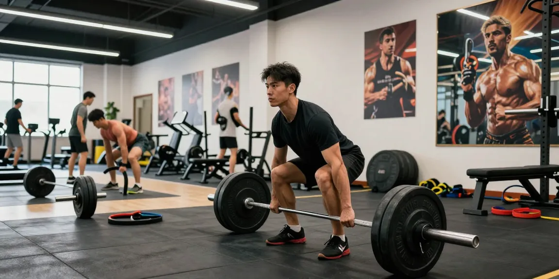 Utionon Steroids Shop: Bodybuilder beim Krafttraining im Fitnessstudio, motivierende Atmosphäre.