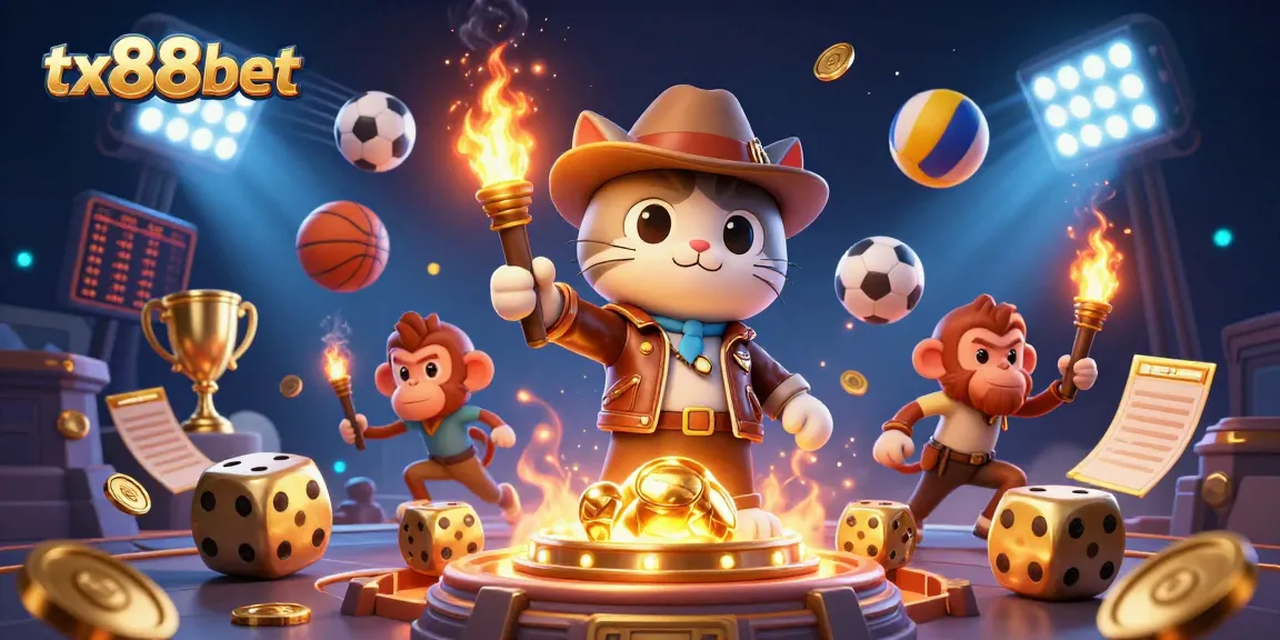 Exciting tx88bet scene with a cartoon archaeologist cat and monkey, surrounded by sports and casino elements.