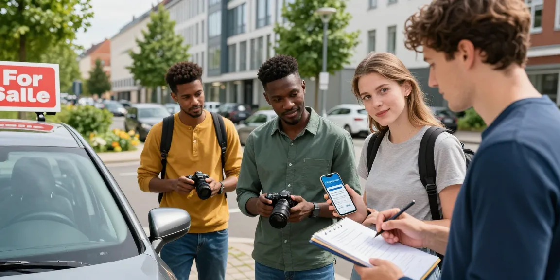 Kfz Versicherung Dortmund: Junge Erwachsene vergleichen Autoversicherungspreise in Dortmund, während sie an einem modernen Gebäude stehen.