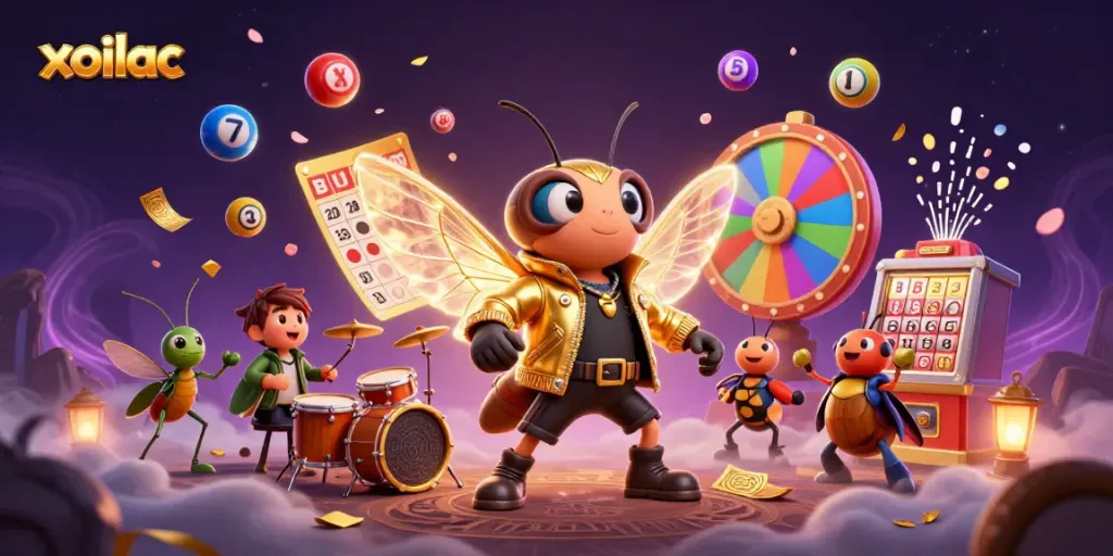 Experience xoilac excitement with a vibrant 3D scene of a rock star cicada and colorful lottery elements.
