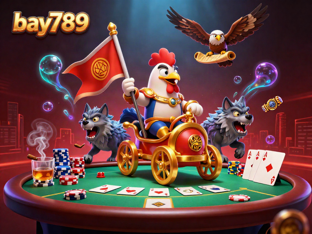 Experience thrill with bay789's intense gaming scene featuring epic characters and rich casino elements.