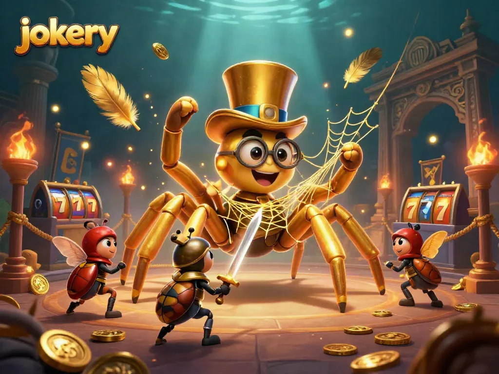 Engage in thrilling gameplay at Jokery Casino featuring a golden tarantula and beetle knight.