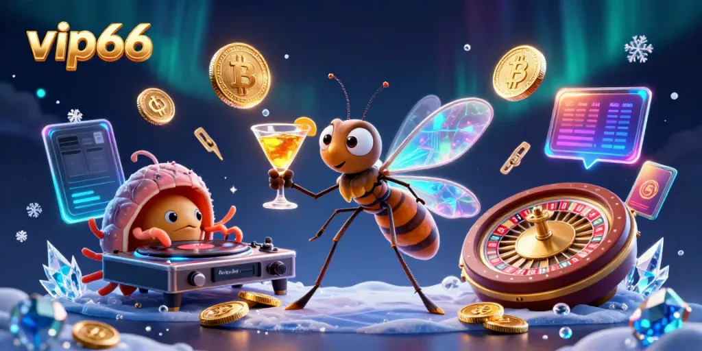 Experience the excitement of vip66 casino with a lively scene of characters, coins, and gaming elements.