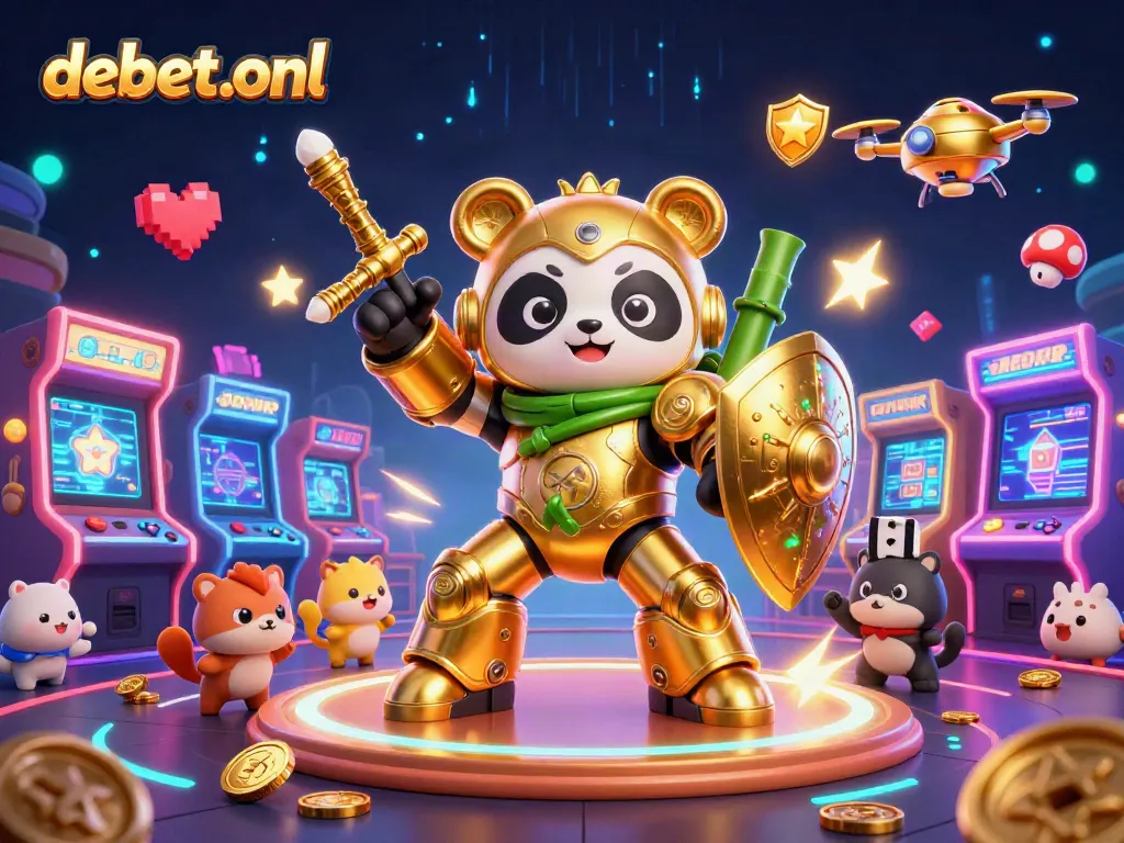 Engage in thrilling wins at debet-onl with a golden mech-panda amidst casino excitement.