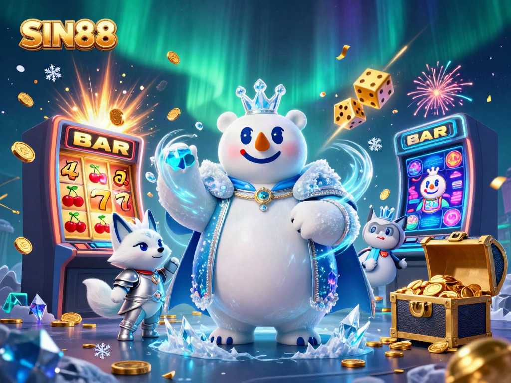 Engage in thrilling gameplay at SIN88 with a vibrant scene featuring an ice king and a jackpot explosion.