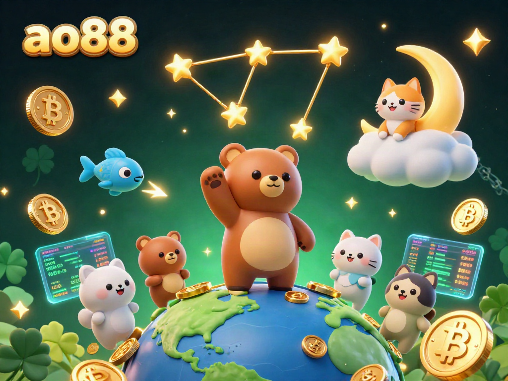 Play and win at ao88 with dynamic 3D casino scene showcasing constellation bear and cryptocurrencies.