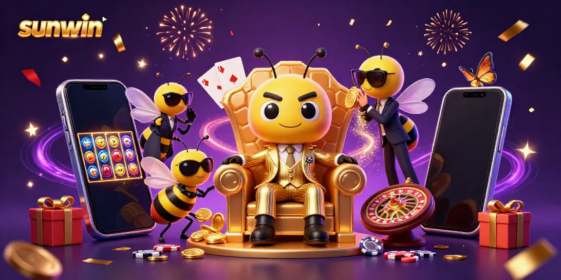 Engage with sunwin through a vibrant illustration featuring a cartoon bumblebee mob boss in a casino-rich environment.