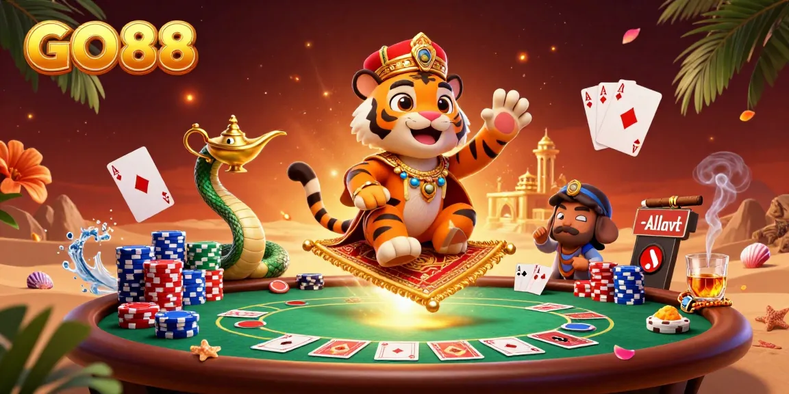 Experience the thrill of GO88 with a vibrant 3D illustration showcasing a magical sultan and gaming elements.