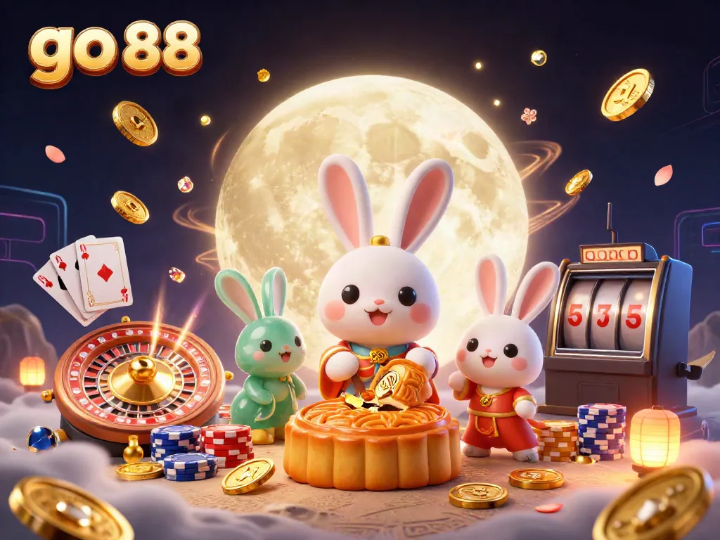 Engage in captivating gameplay with go 88 featuring 3D cartoon moon rabbit, golden mooncakes, and dynamic casino elements.