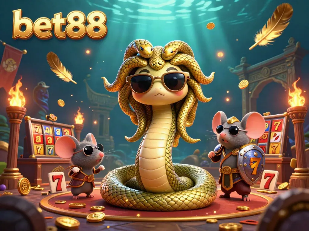 Join the excitement with bet88 in a vibrant casino scene featuring Medusa and a warrior mouse amidst dynamic gaming elements.