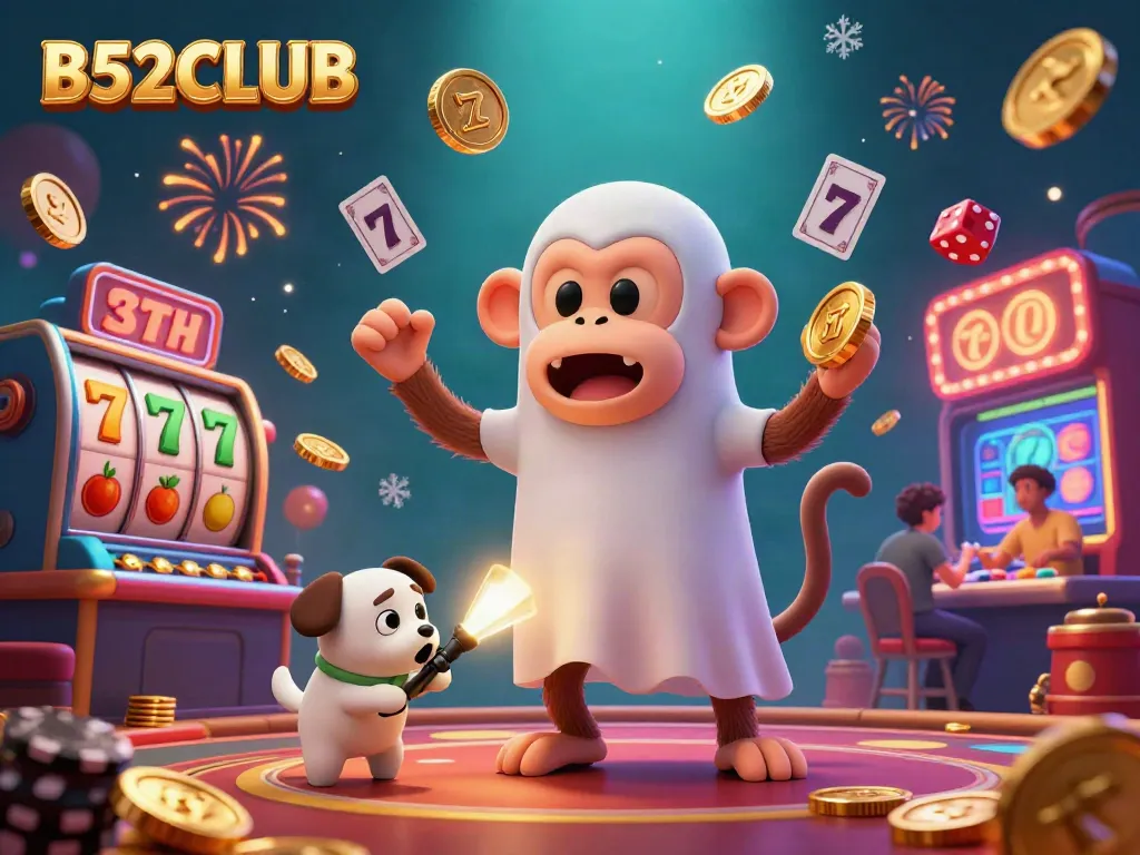 B52CLUB showcases a lively scene with a mischievous monkey juggling golden gaming objects in an animated casino environment.