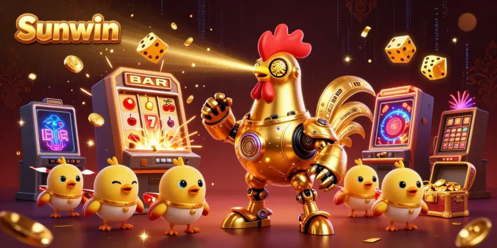 Experience Sunwin's thrilling casino adventure with a golden rooster robot and an explosion of riches.