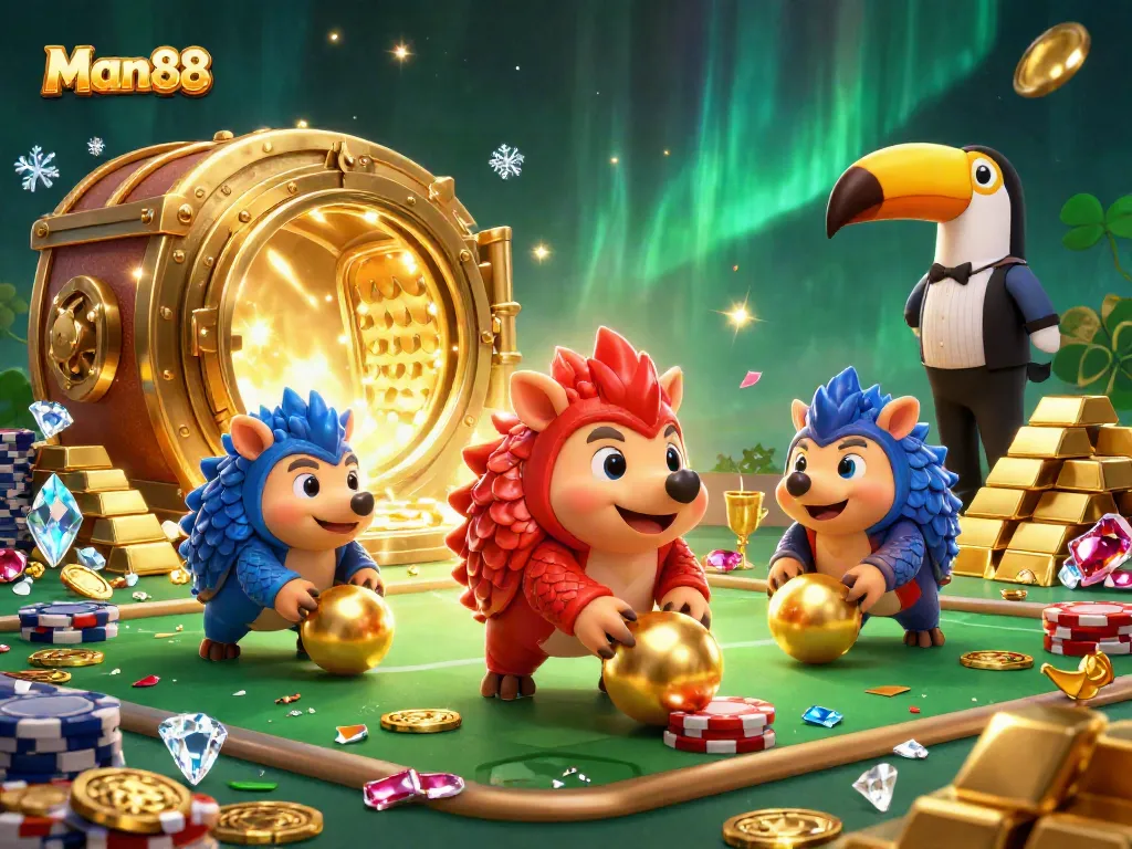 Join the excitement at Man88 with rival pangolins bowling through poker chips in a vibrant casino.