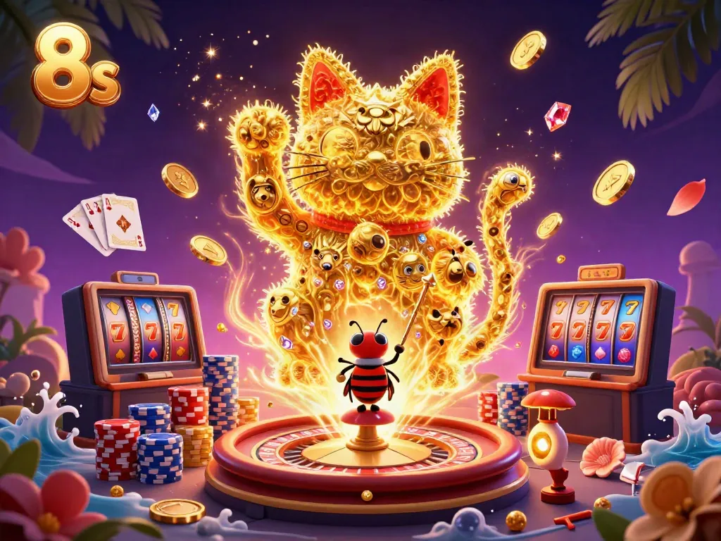 Engage in the vibrant world of 8s with this captivating 3D illustration showcasing a lucky cat and casino elements.