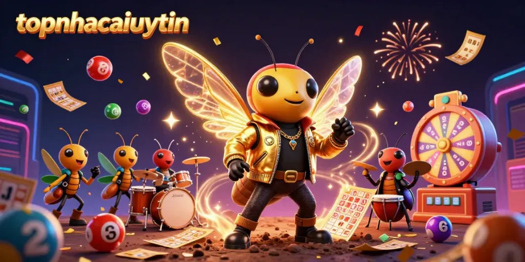 Experience vibrant online gaming with topnhacaiuytin showcasing dynamic lottery elements and a rock star character.