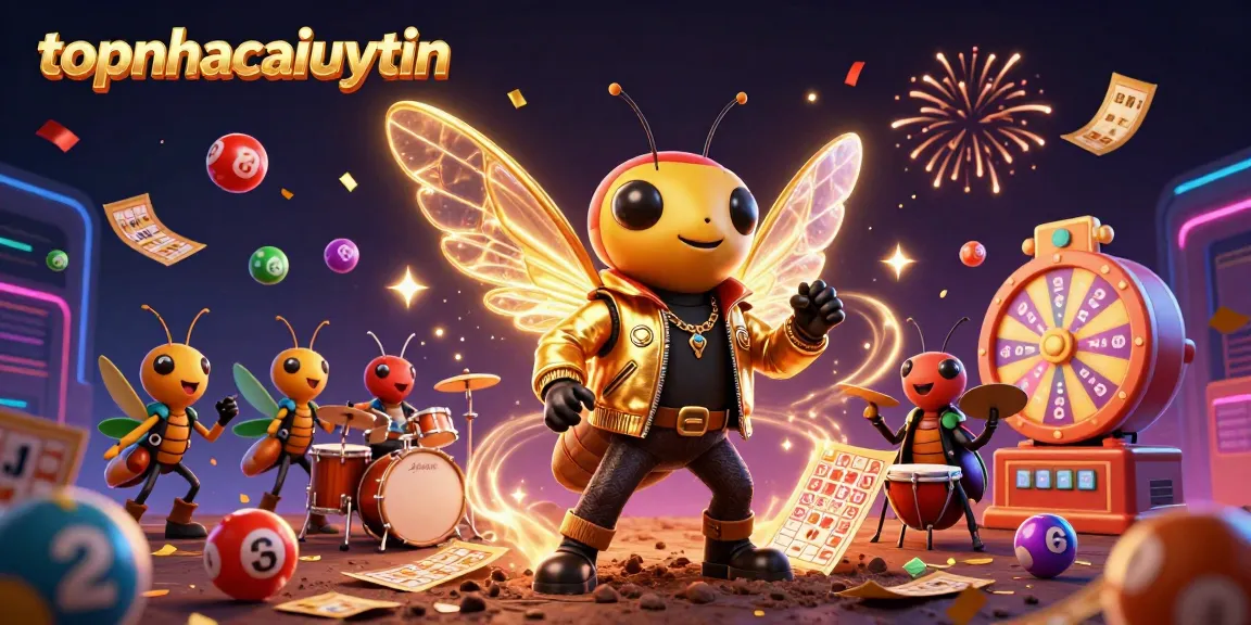 Experience vibrant online gaming with topnhacaiuytin showcasing dynamic lottery elements and a rock star character.