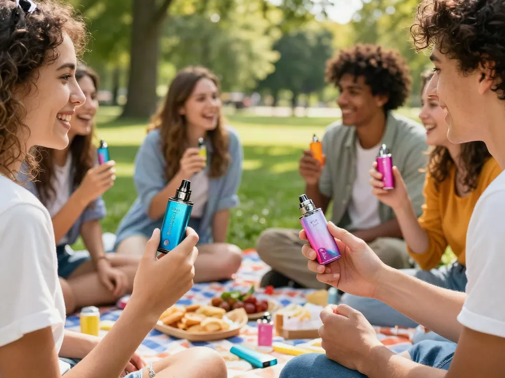Group enjoying Flerbar DM600 Hyppe vapes at a sunny park picnic