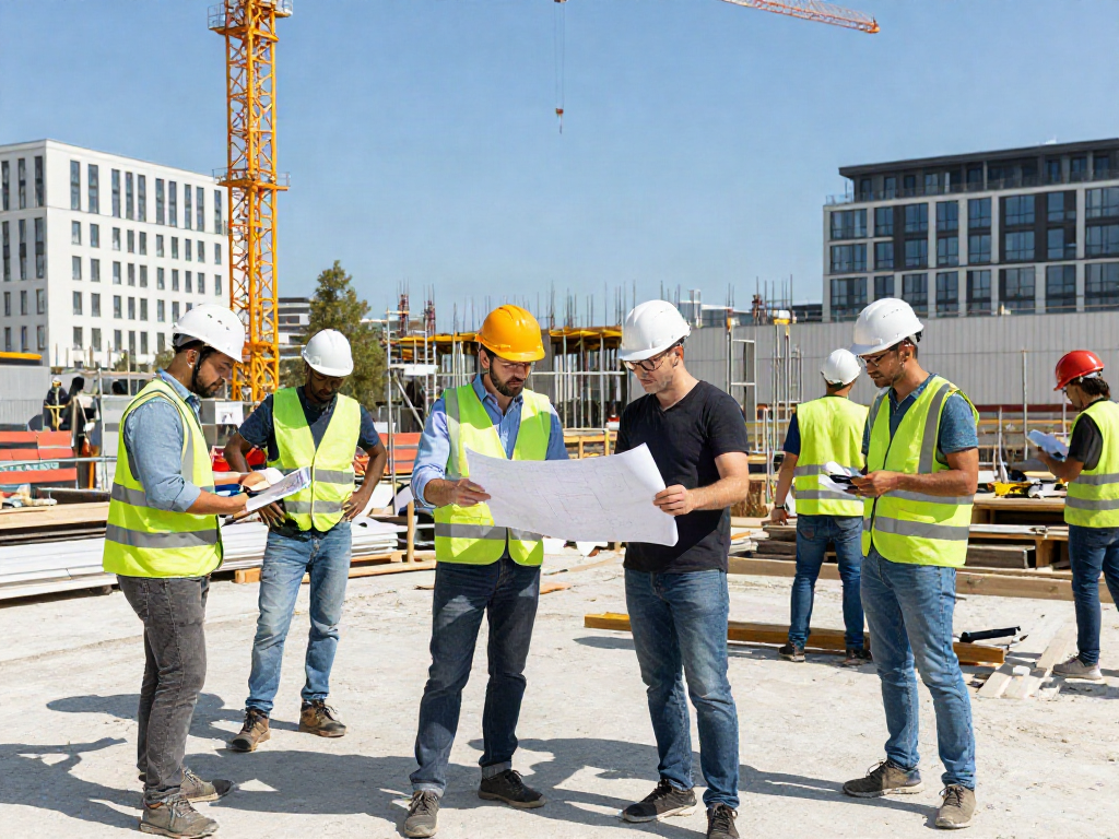 Bauunternehmen Wien: Team arbeitet an neuem Wohnprojekt in Wien mit Plänen und Materialien.
