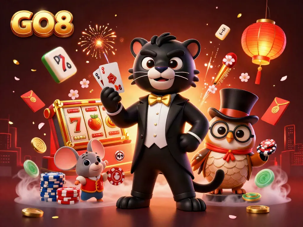 Experience the excitement of GO8 casino with a stylish black panther dealer and charming owl, amidst vibrant gaming elements.