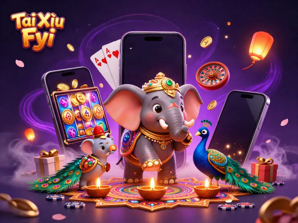 Tài Xỉu Fyi features a vibrant casino scene with an elephant and peacock among vibrant games and treasures.