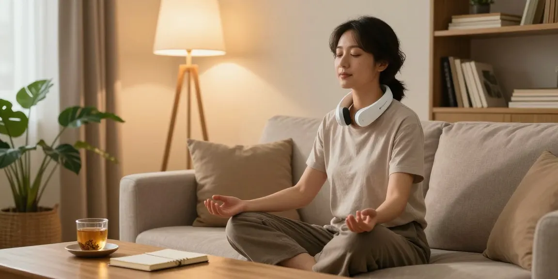 Relaxed individual using Zenowell Luna device in serene living room for stress relief and meditation