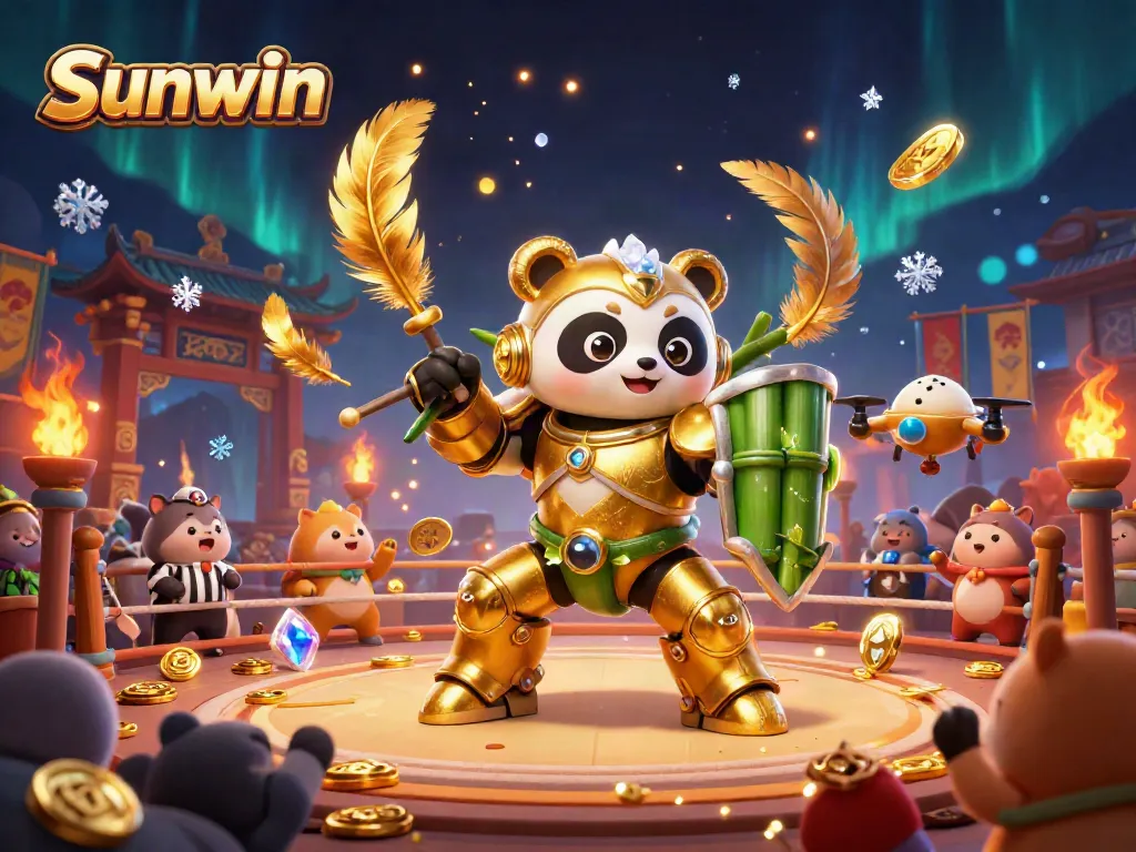 Witness the golden panda in mech-suit action at Sunwin's vibrant gambling arena!