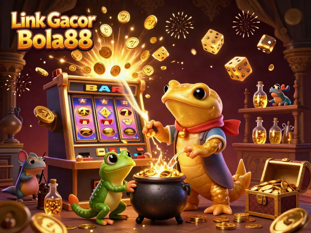 Experience the excitement of Link Gacor Bola88 with vibrant gold coins and casino symbols bursting in a dynamic scene.