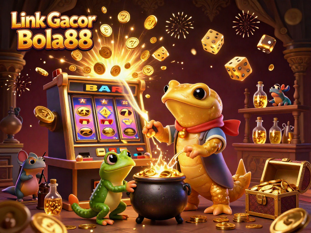 Experience the excitement of Link Gacor Bola88 with vibrant gold coins and casino symbols bursting in a dynamic scene.