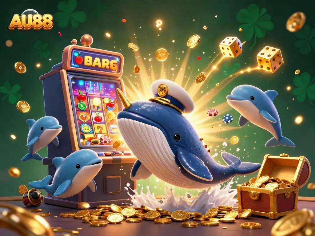Experience the excitement of AU88 with a vibrant casino scene showcasing a whale and friendly dolphins playing among coins and jackpots.