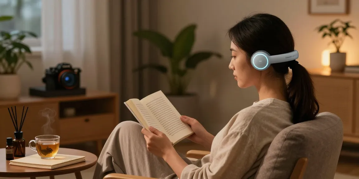 Using Zenowell Luna device for relaxation in a calming home setting.