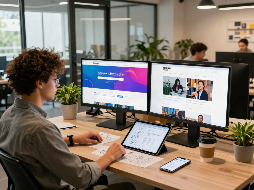Sanumwebdesign kreatives Arbeitsumfeld mit modernen Designern bei der Arbeit.