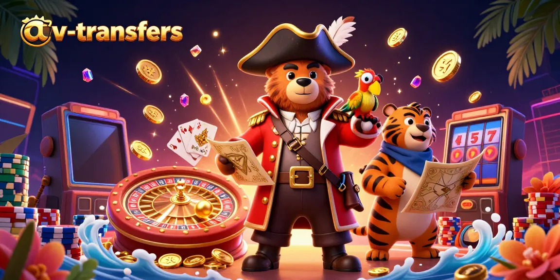 Bet on adventure and wins with av-transfers featuring a pirate bear, tiger, and treasure in a vibrant casino scene.