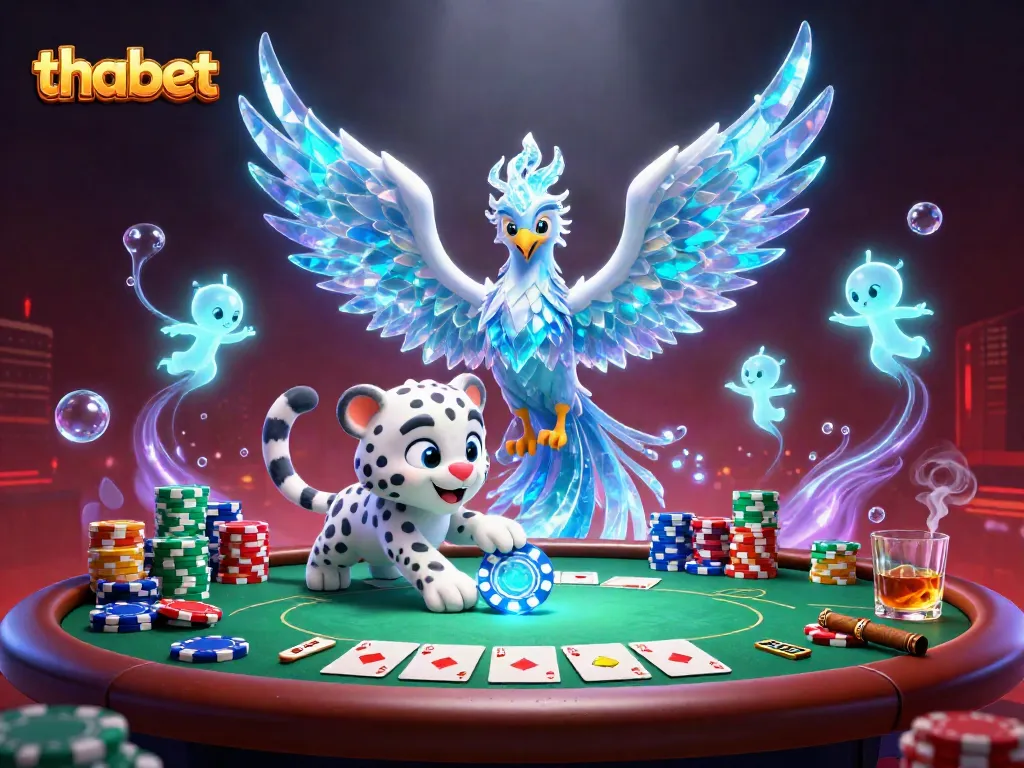 Engage with thabet's dynamic gaming experience featuring an ice phoenix, poker elements, and vibrant characters.