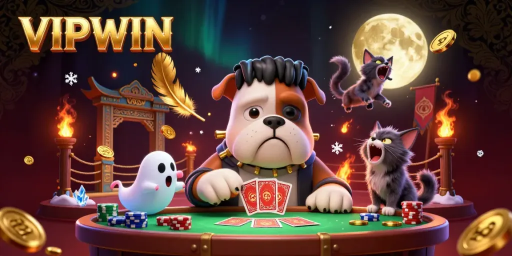 Experience thrilling gaming at VIPWIN with a spooky 3D casino scene featuring a unique bulldog dealer and enchanting elements.