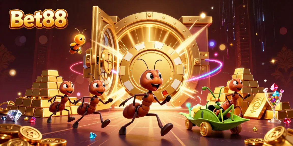 Watch the Bet88 team of ants embark on a thrilling heist for golden poker chips amidst dazzling casino treasures.