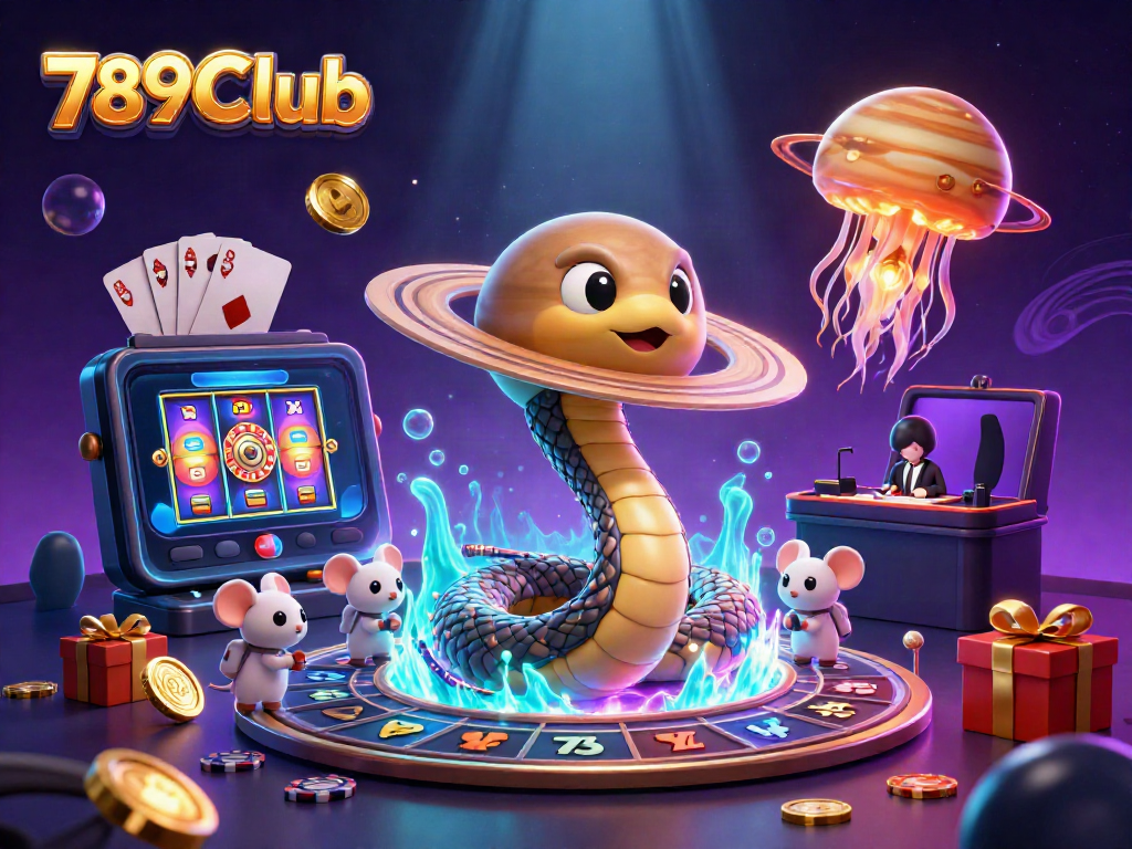 Experience the thrill of 789Club with a fun 3D casino scene featuring a Saturn ring snake and gambling elements.