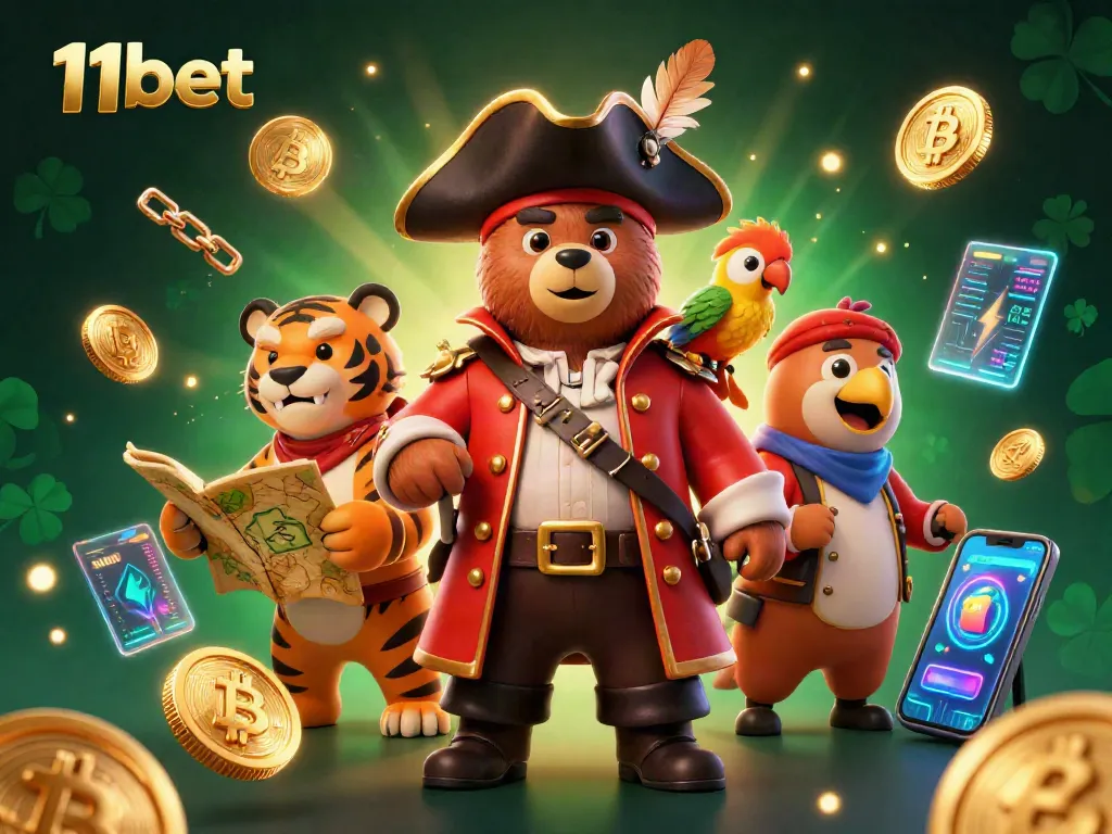 Engage with 11bet in a vibrant 3D illustration showcasing an adventurous pirate theme with cryptocurrencies and gaming elements.