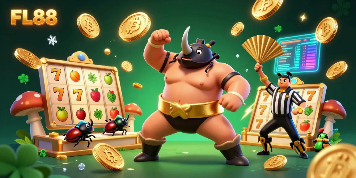 FL88 gaming scene showcases a rhinoceros beetle sumo champion amidst slot reels, flying coins, and vibrant crypto elements.