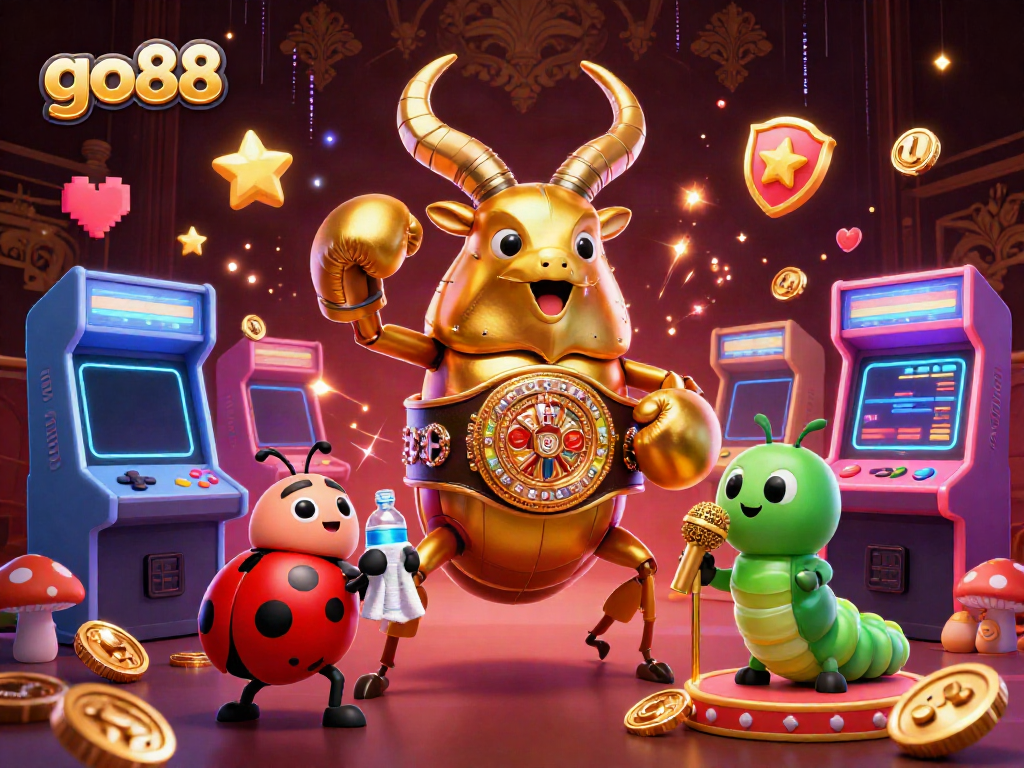 go88 illustrates a vibrant casino scene featuring a golden stag beetle and ladybug in dynamic action, showcasing gaming excitement.