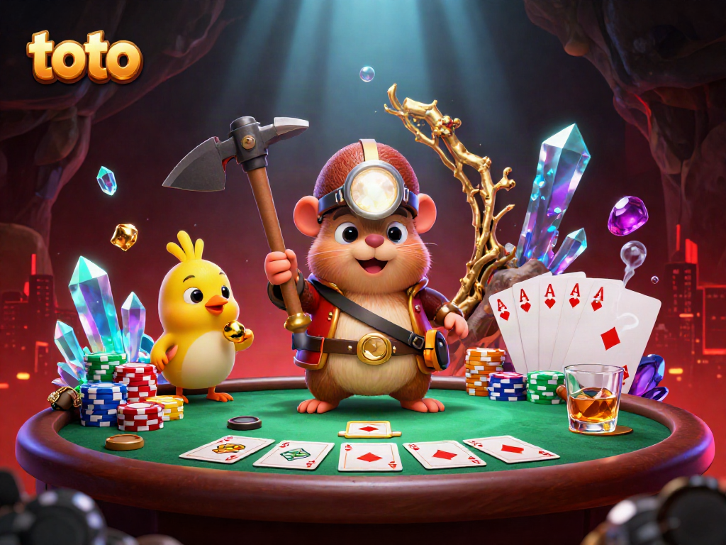 Engage in thrilling toto poker action with a treasure hunter mole amidst a vibrant casino scene.