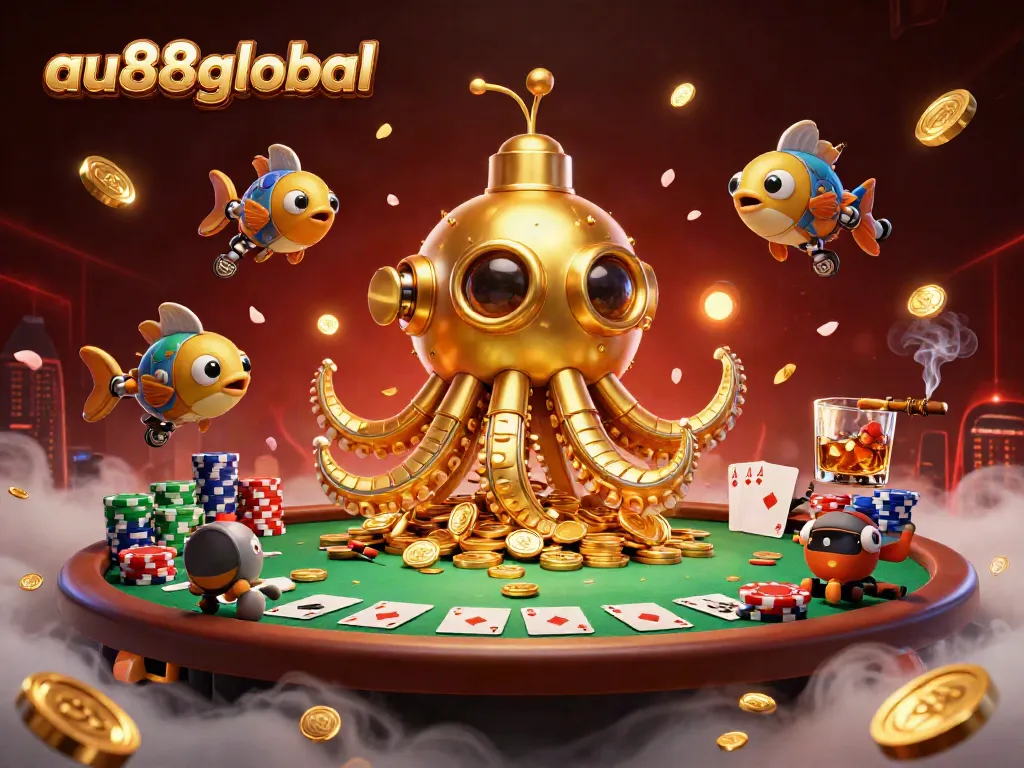 Experience thrilling casino action with au88global showcased in a vibrant 3D scene featuring a golden kraken and poker elements.